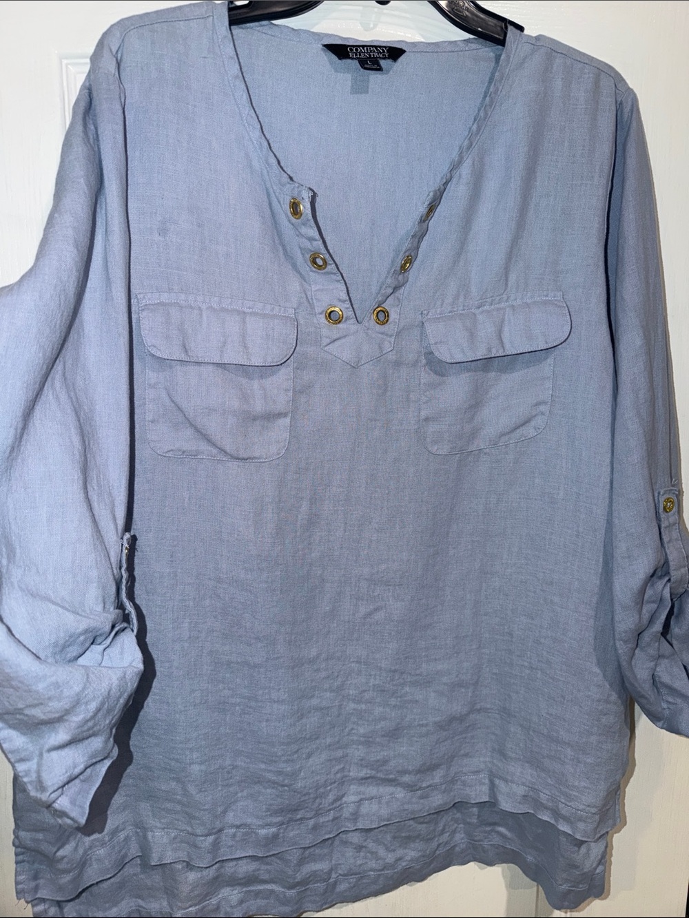 Ellen Tracy Light Blue Linen-Blend Popover Tunic with Grommet Detail